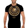 Gold lion head with chain graphic on a black tshirt (front view)