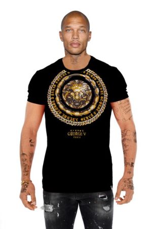 Gold lion head with chain graphic on a black tshirt (front view)