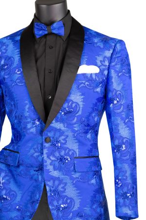 VINCI royal blue slim fit sequin blazer