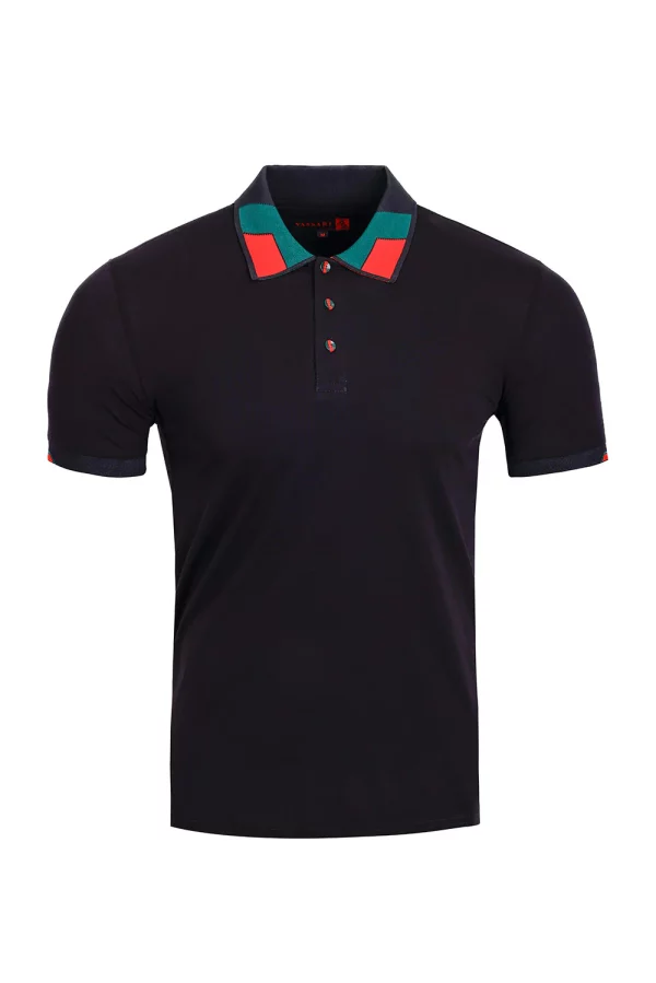 Vassari branded fashion polo in black with a teal and red colored collar.