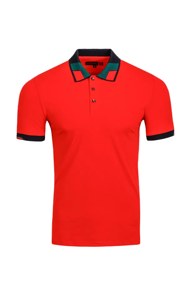 Vassari branded fashion polo in red with black buttons and collar.