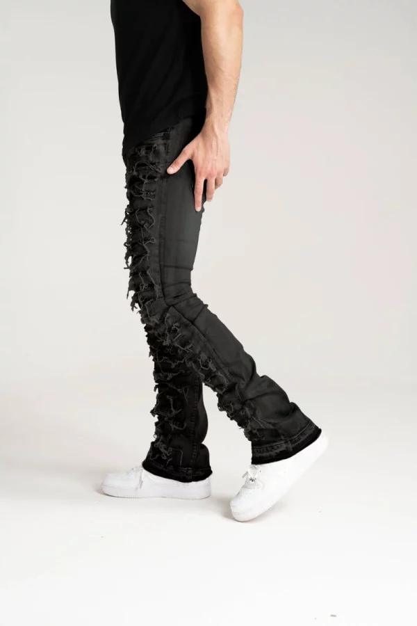 Taker branded black stacked frayed jeans