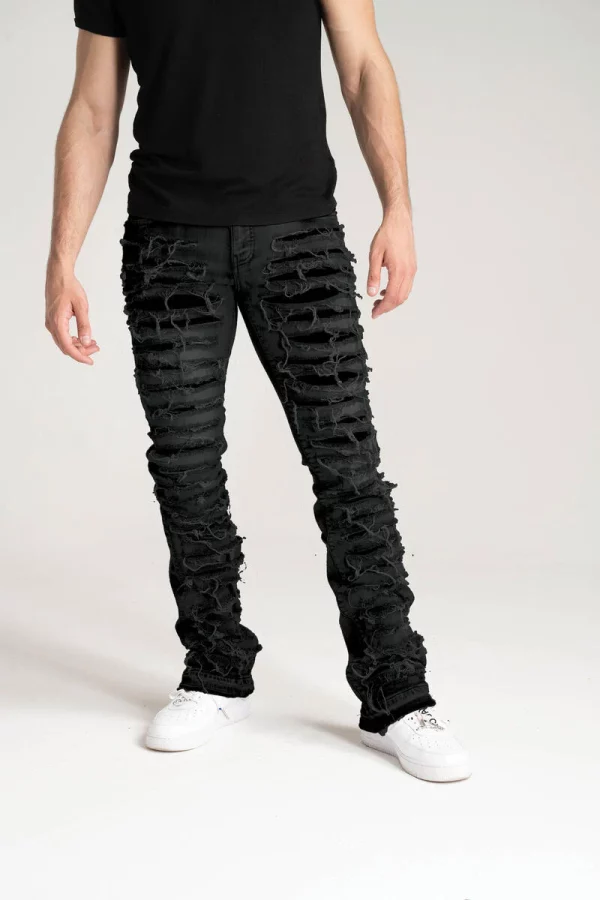 Taker branded black stacked frayed jeans