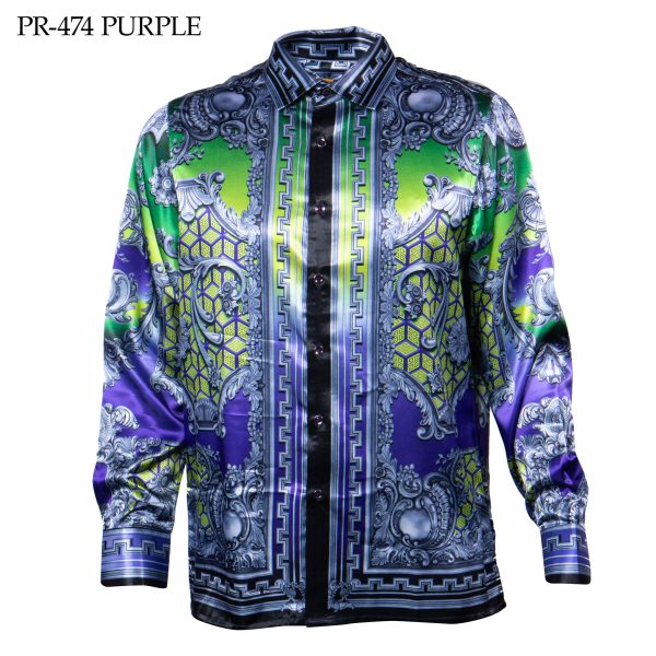 Prestige purple, green, and yellow patterned regular fit baroque dress shirt for men